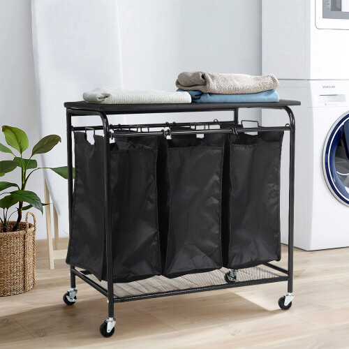 Living And Home Triple Bag Rolling Laundry Sorter with Lift-up Ironing Board
