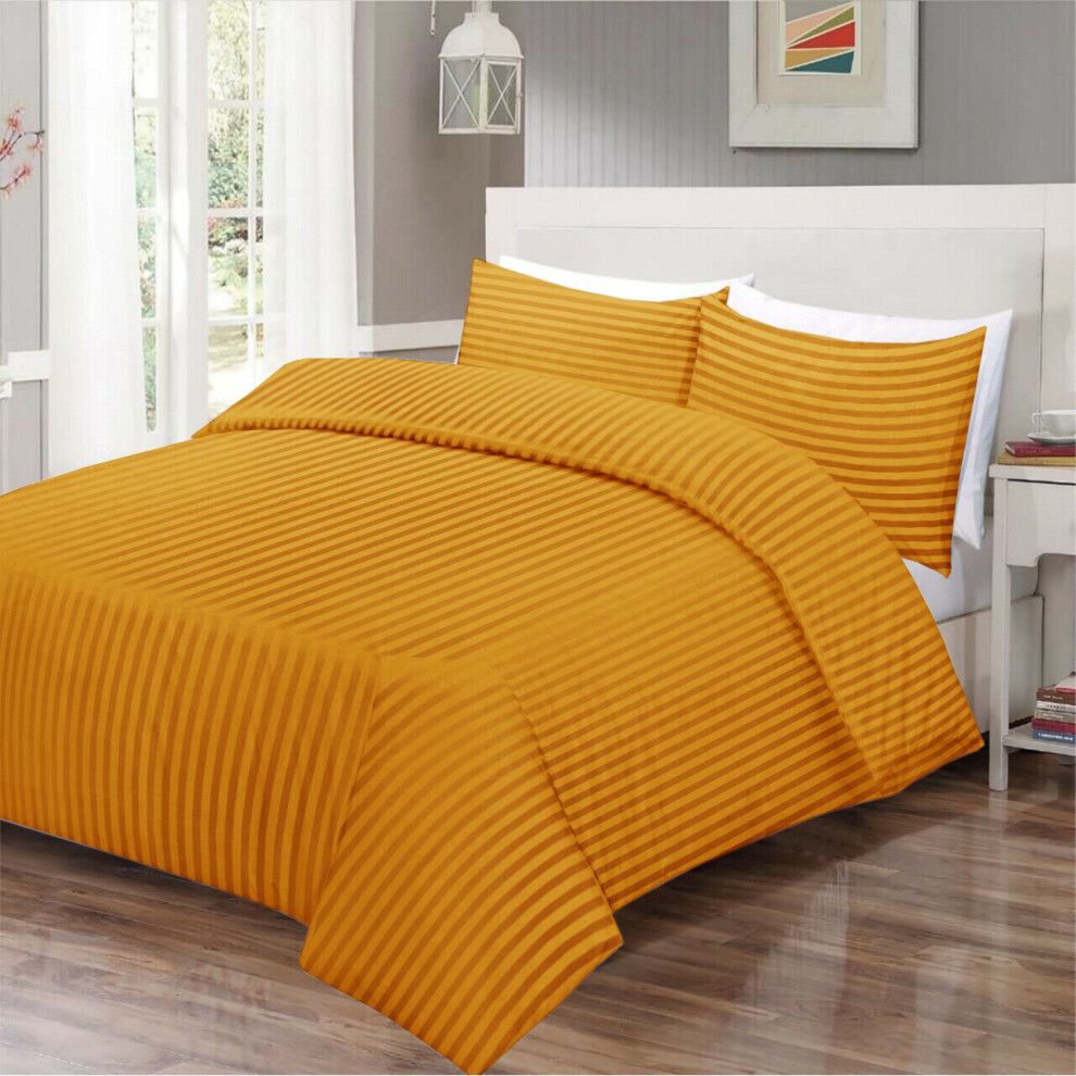 Yorkshire Bedding (Mustard Ochre, Double: 200 X 200 Cm) Stripe Duvet Quilt Cover Reversible Bedding Set With Pillowcases