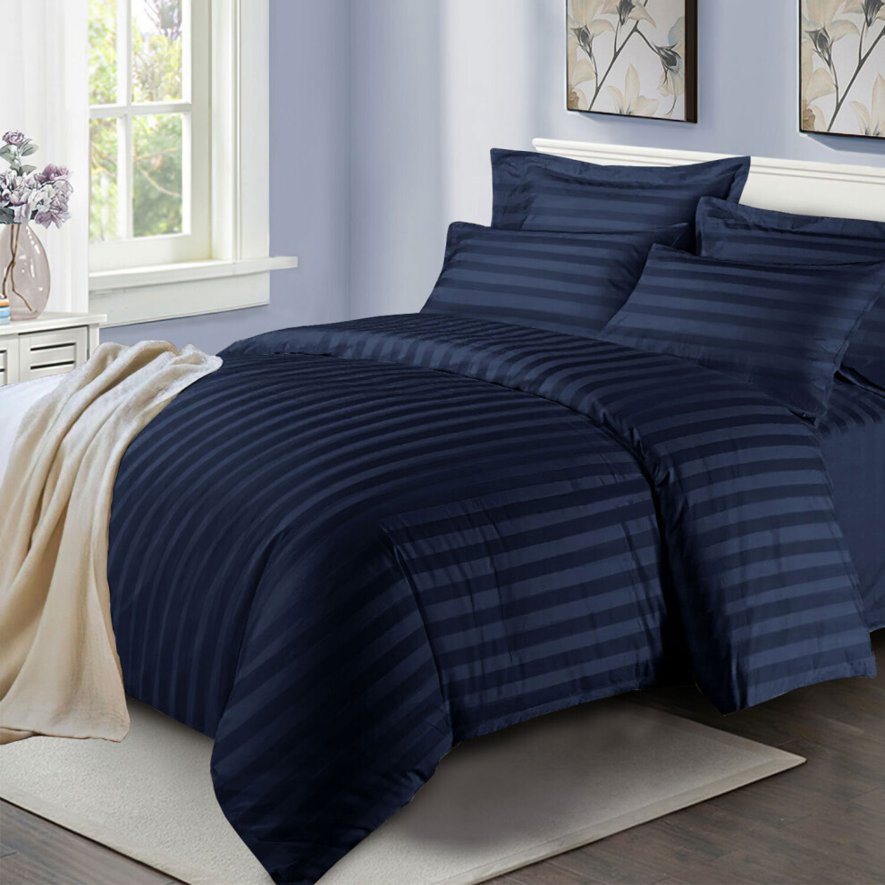 (Navy Blue, King: 230 X 220 CM) Stripe Duvet Quilt Cover Reversible Bedding Set with Pillowcases