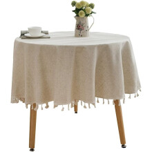 Solid Color Round Tablecloth with Tassels Polyester Linen Home Table Decoration (Round 48 Inch, Beige)