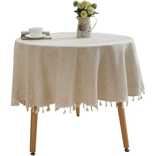 Solid Color Round Tablecloth with Tassels Polyester Linen Home Table Decoration (Round 48 Inch, Beige)