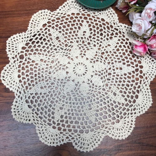 Cotton Hand Crocheted Lace Tablecloth, Round, Beige, 16"