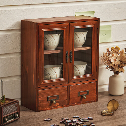Living And Home Retro Wooden Desktop Storage Organizer with Drawer 1