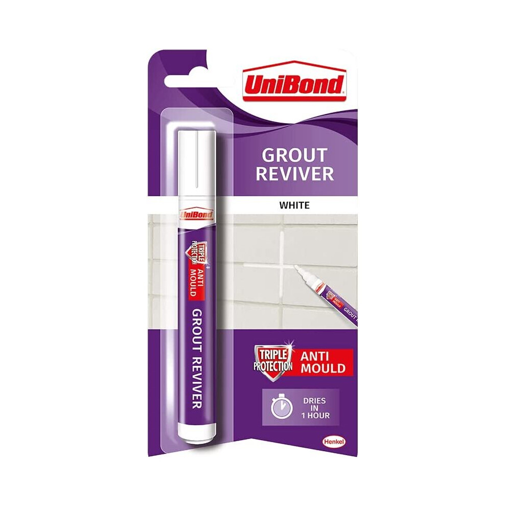 Unibond Grout Reviver Pen, White Grout Pen for Restoring Bathroom Grout Joints, Easy to Use Tile Grout Pen, Grout Whitener for Restoring Discoloured