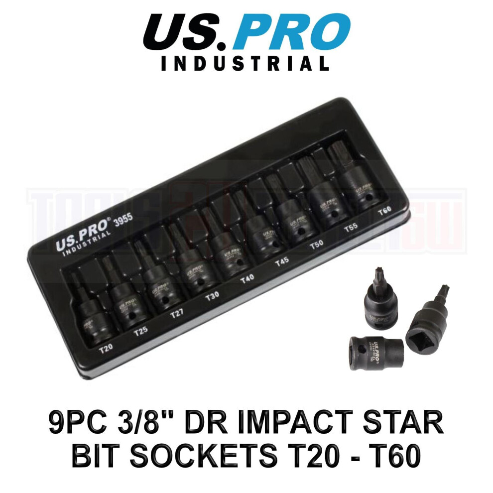Us Pro Industrial 9Pc 3/8Â Dr Impact Torx Star Bit Sockets Set T20 - T60 3955 5060848156203