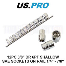 US PRO Tools 12PC 3/8" DR 6PT Shallow SAE Socket On Rail 1/4" - 7/8" 3920