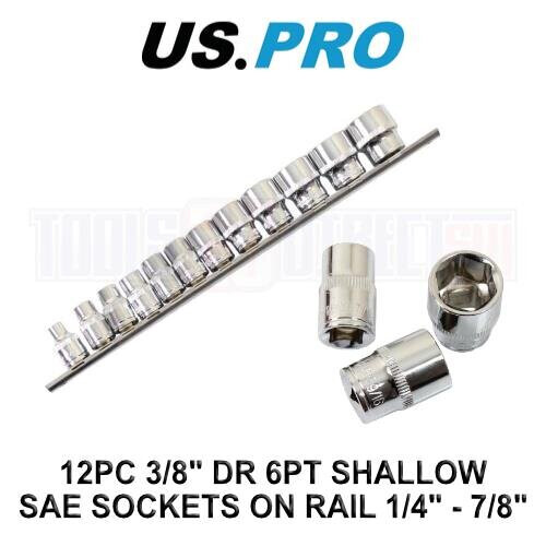 us pro US PRO Tools 12PC 3/8" DR 6PT Shallow SAE Socket On Rail 1/4" - 7/8" 3920
