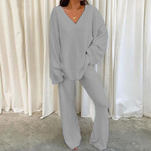 (Grey, L) Ladies Lounge Sets Elastic Waist Two Piece Outfit Women Casual Long Sleeve Home