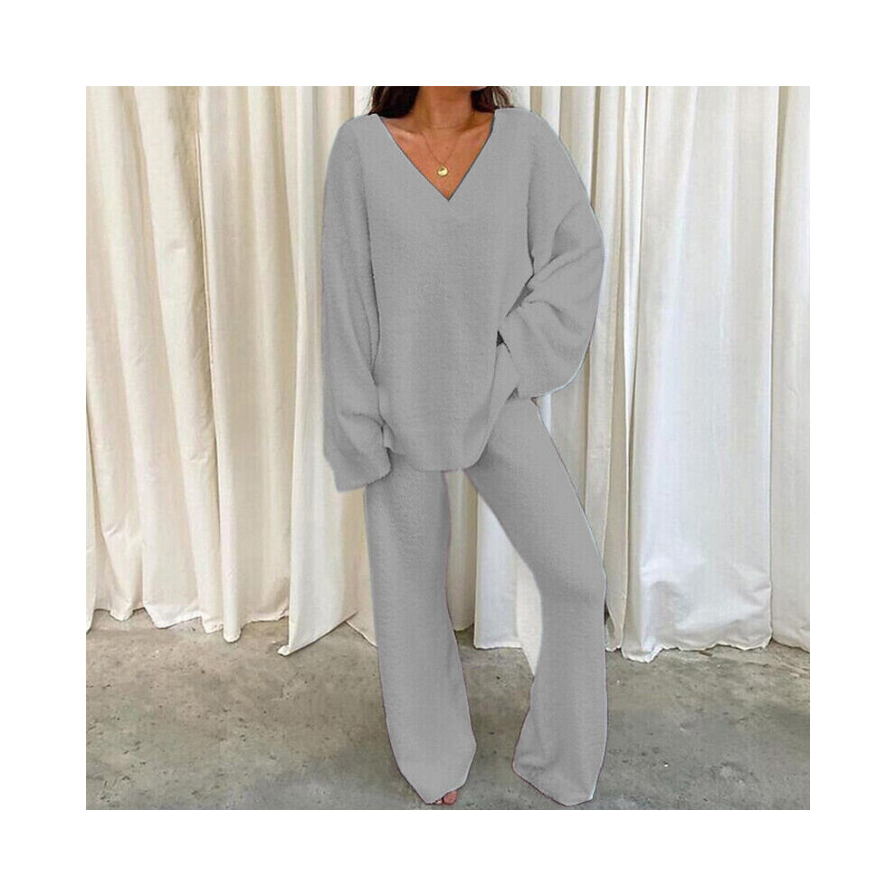 (Grey, 3XL) Ladies Lounge Sets Elastic Waist Two Piece Outfit Women Casual Long Sleeve Home