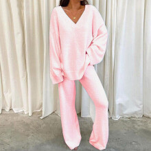 (Pink, M) Ladies Lounge Sets Elastic Waist Two Piece Outfit Women Casual Long Sleeve Home