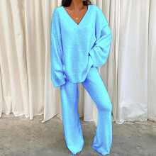(Blue, M) Ladies Lounge Sets Elastic Waist Two Piece Outfit Women Casual Long Sleeve Home