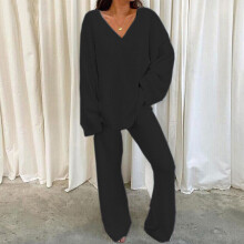 (Black, L) Ladies Lounge Sets Elastic Waist Two Piece Outfit Women Casual Long Sleeve Home