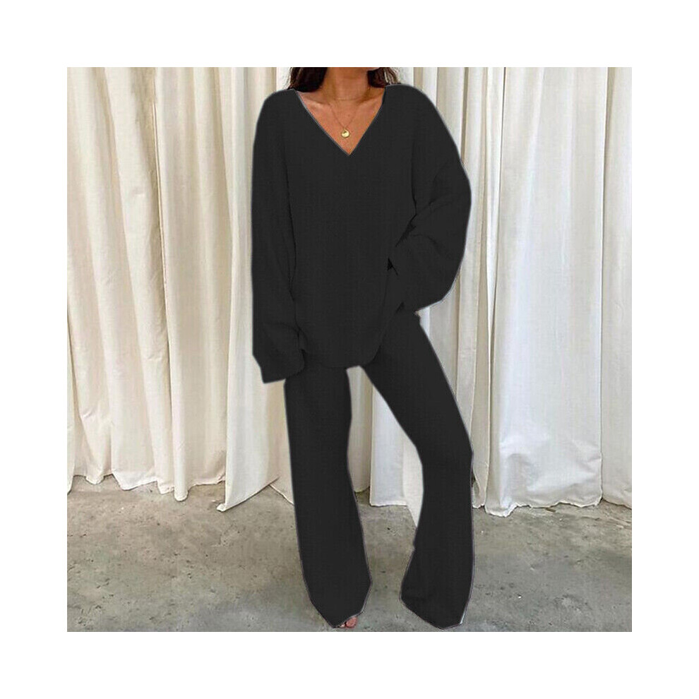 (Black, 3XL) Ladies Lounge Sets Elastic Waist Two Piece Outfit Women Casual Long Sleeve Home-image-OPC-PBVKVXW-NEW