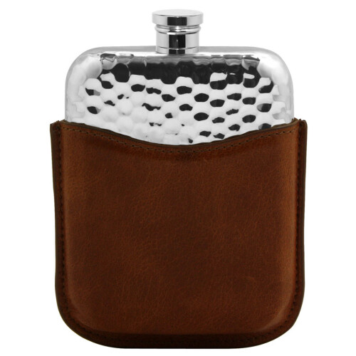 6oz Hammered Pewter Hip Flask with Genuine Tan Leather Pouch 1