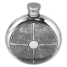 6oz Round Pewter Hip Flask with Intricate Celtic Design