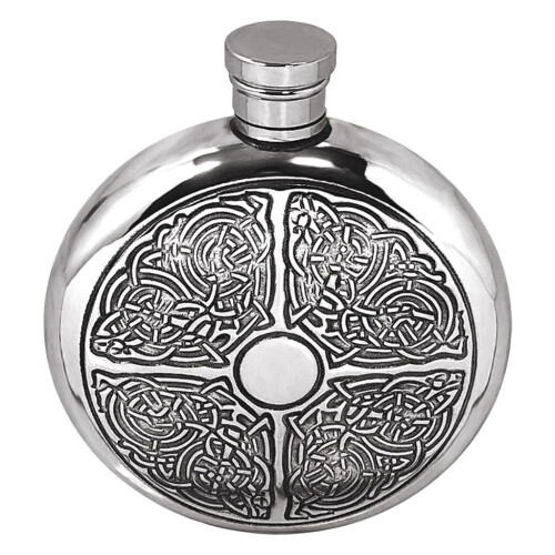 6oz Round Pewter Hip Flask with Intricate Celtic Design 1