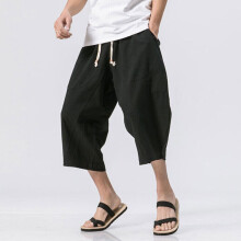 (Black, 4XL) Mens Solid Linen Shorts Trousers Summer Capri Elastic Waist Drawstring 3/4 Pants
