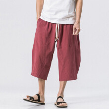 (Red, 2XL) Mens Solid Linen Shorts Trousers Summer Capri Elastic Waist Drawstring 3/4 Pants