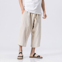 (Beige, L) Mens Solid Linen Shorts Trousers Summer Capri Elastic Waist Drawstring 3/4 Pants