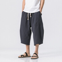 (Navy Blue, 3XL) Mens Solid Linen Shorts Trousers Summer Capri Elastic Waist Drawstring 3/4 Pants