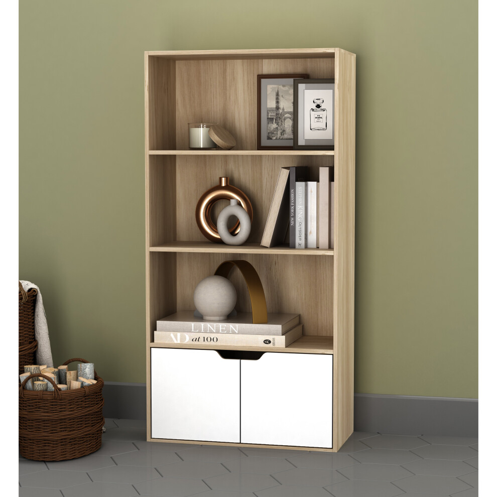 Urbn Living (Oak, White) 4 Tier Wooden Bookcase With Doors Shelving Cabinet White,Brown