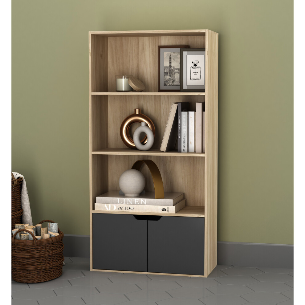 Urbn Living (Oak, Black) 4 Tier Wooden Bookcase With Doors Shelving Cabinet Black,Brown
