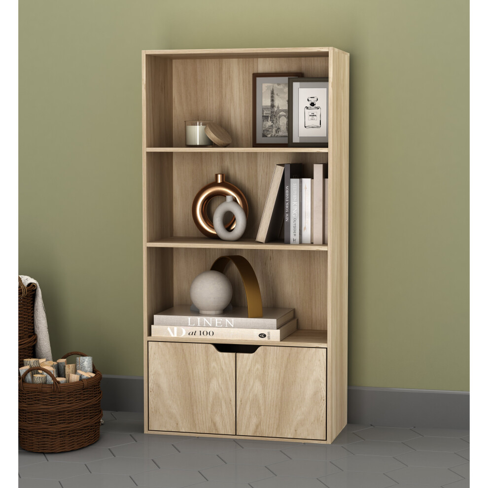 Urbn Living (Oak, Oak) 4 Tier Wooden Bookcase With Doors Shelving Cabinet Brown