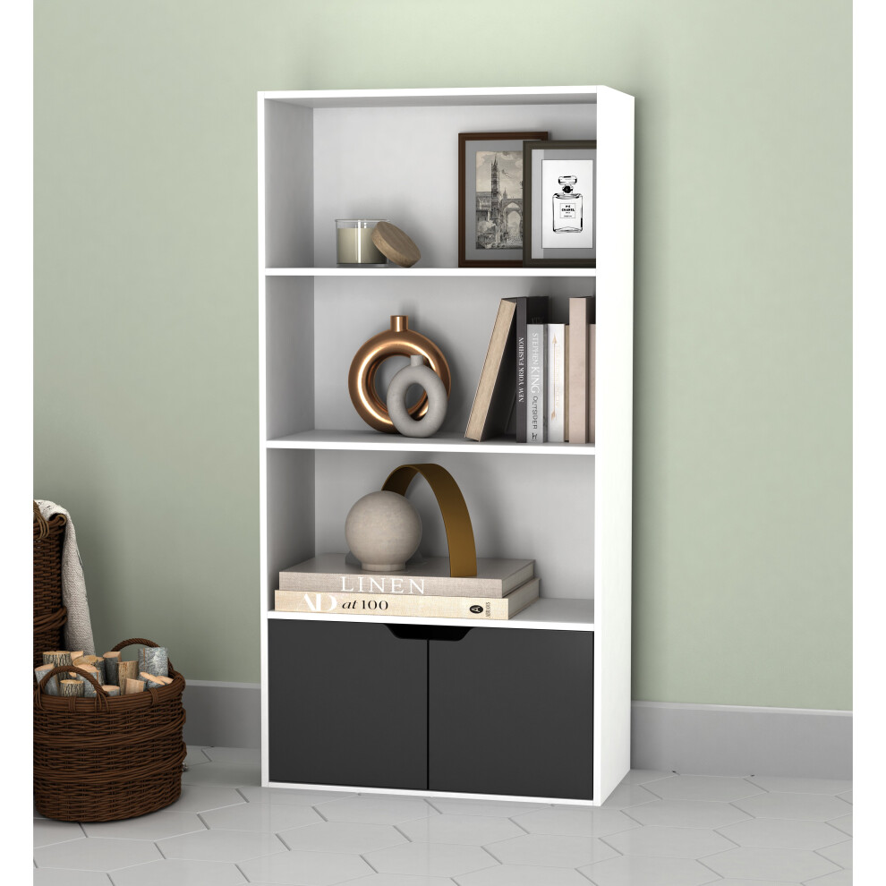 (White, Black) 4 Tier Wooden Bookcase with Doors Shelving Cabinet