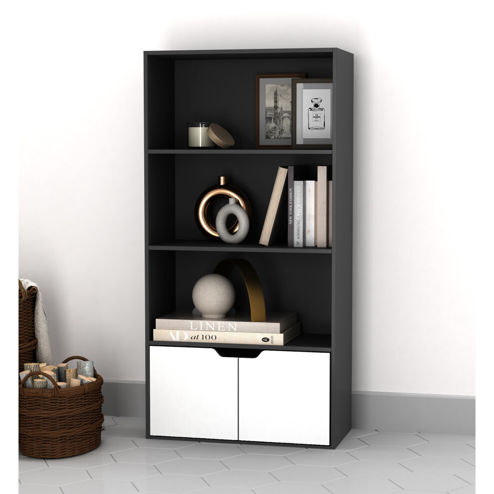 (Black, White) 4 Tier Wooden Bookcase with Doors Shelving Cabinet