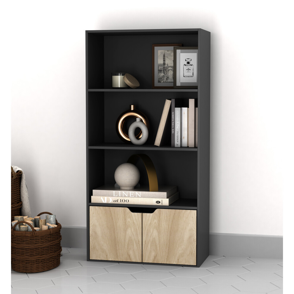 (Black, Oak) 4 Tier Wooden Bookcase with Doors Shelving Cabinet