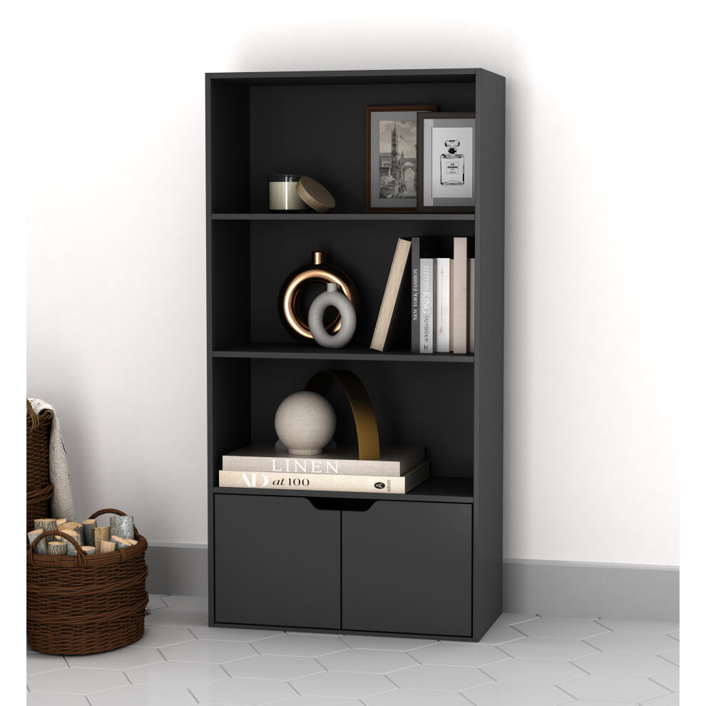 (Black, Black) 4 Tier Wooden Bookcase with Doors Shelving Cabinet