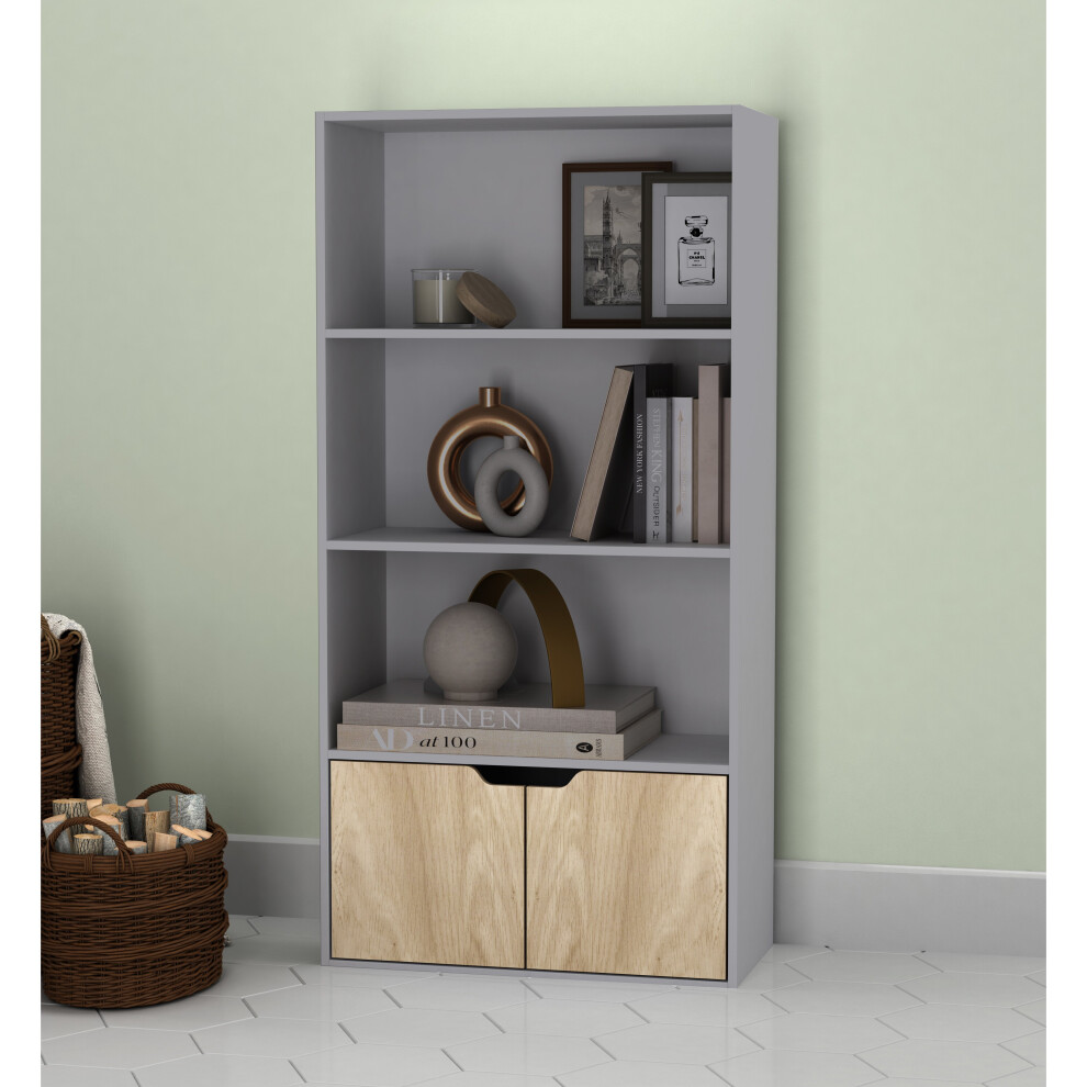 (Grey, Oak) 4 Tier Wooden Bookcase with Doors Shelving Cabinet