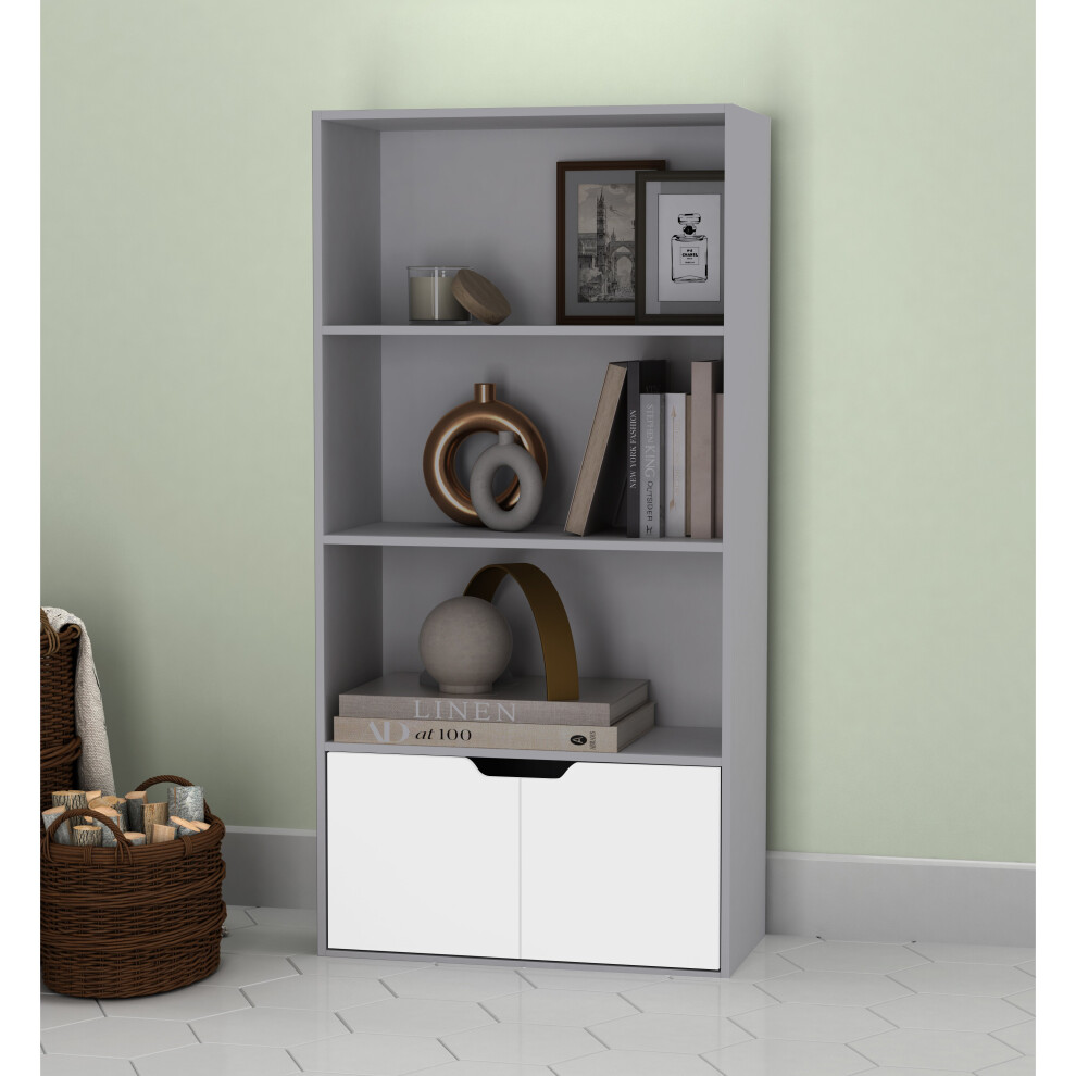 (Grey, White) 4 Tier Wooden Bookcase with Doors Shelving Cabinet