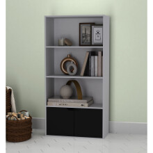 (Grey, Black) 4 Tier Wooden Bookcase with Doors Shelving Cabinet
