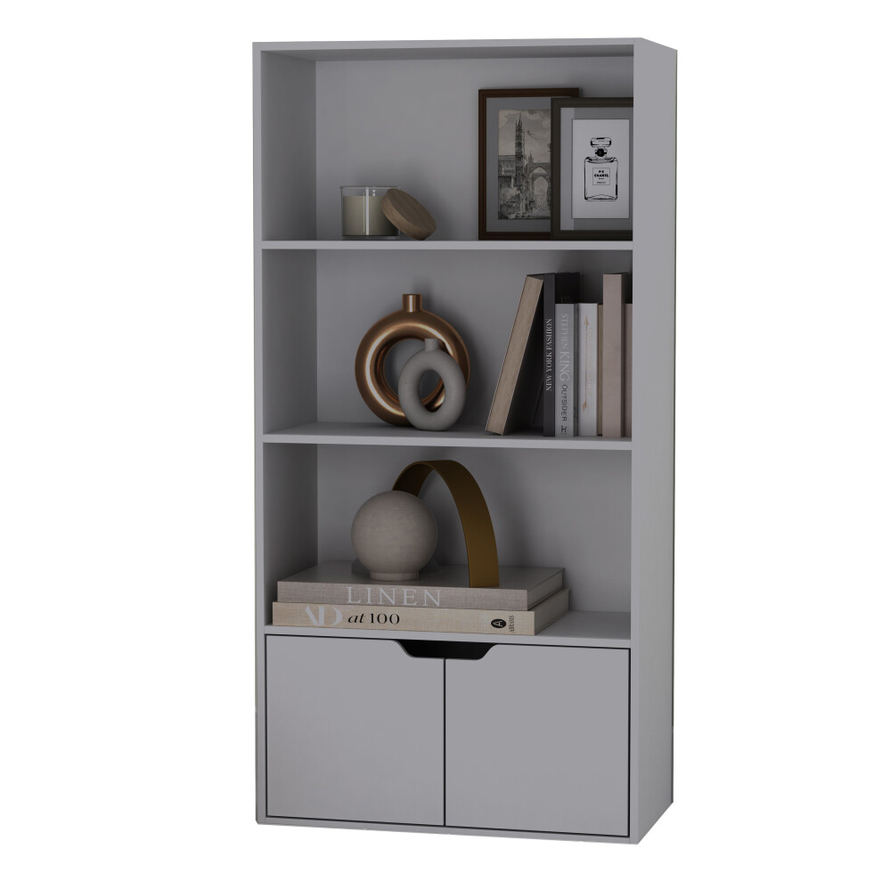 (Grey, Grey) 4 Tier Wooden Bookcase with Doors Shelving Cabinet