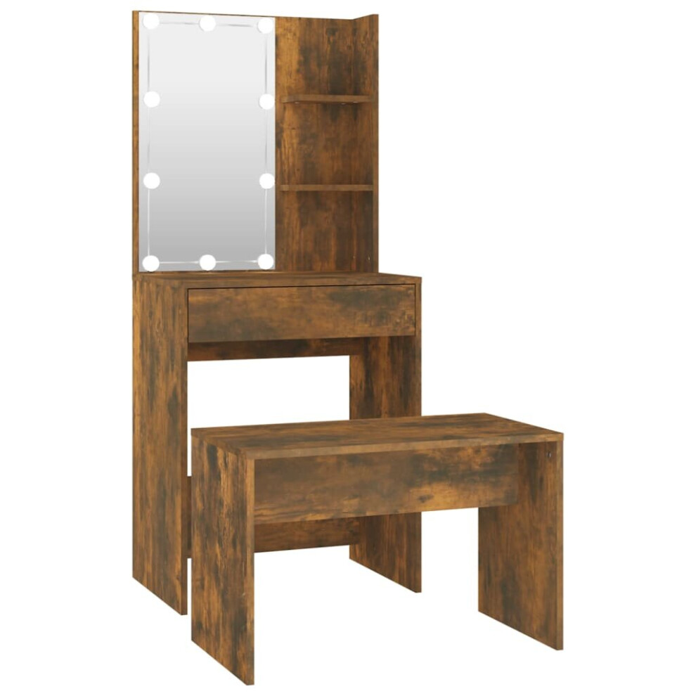 vidaXL Dressing Table Set with LED Smoked Oak Engineered Wood Makeup Table