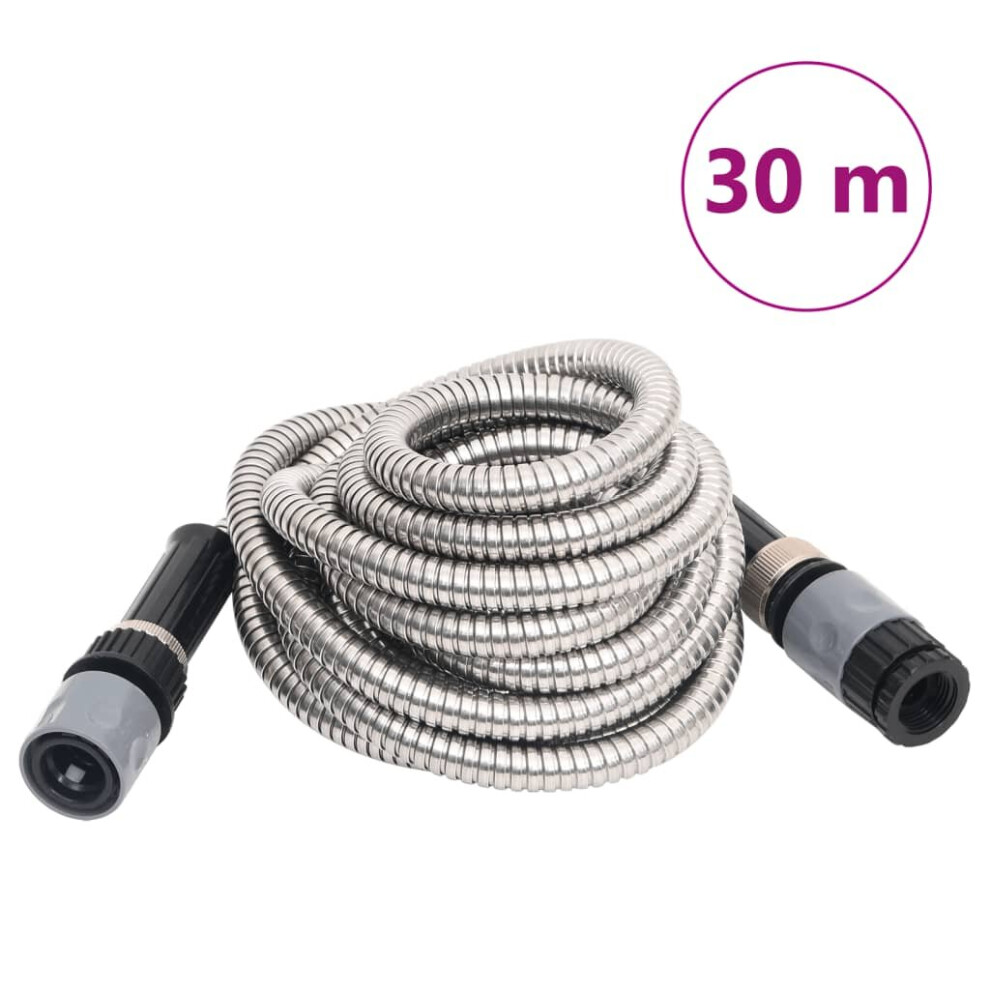 (30 m) vidaXL Garden Hose Patio Water Hose with Spray Nozzle Silver Stainless Steel