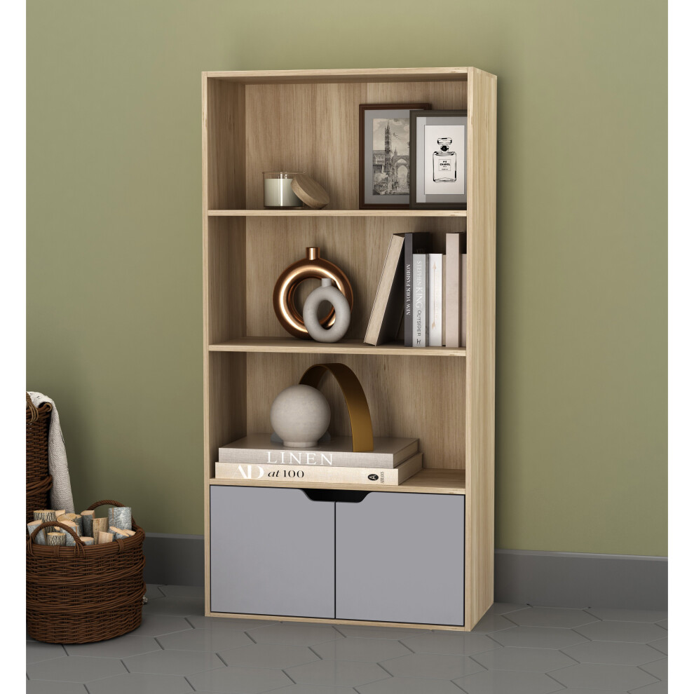 (Oak, Grey) 4 Tier Wooden Bookcase with Doors Shelving Cabinet