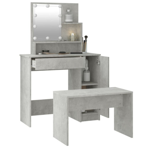 VidaXL vidaXL Dressing Table Set with LED Mirror – Concrete Grey Engineered Wood, Includes Stool 3114118 2