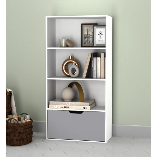 URBN Living (White, Grey) 4 Tier Wooden Bookcase with Doors Shelving Cabinet