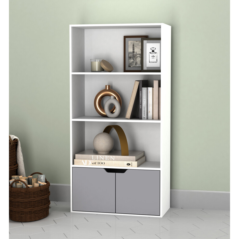 (White, Grey) 4 Tier Wooden Bookcase with Doors Shelving Cabinet