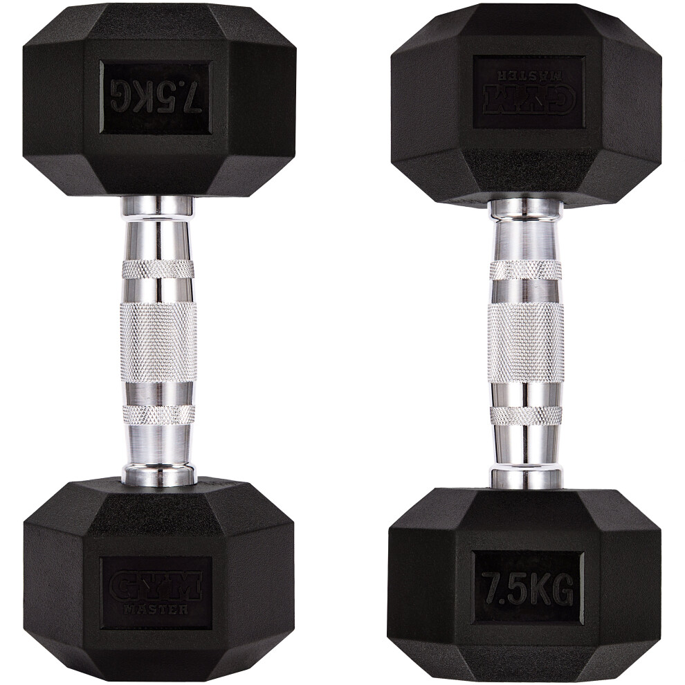 (Pair of 7.5KG (15KG Total)) GYM MASTER Hex Dumbbells Rubber Encased 1-30kg Cast Iron Weight Lift Set Pair