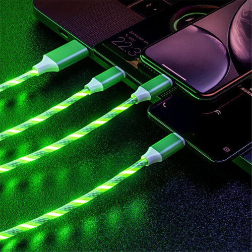 (Green) 3 in 1 Charger Charging Cable USB Cord LED Light Up for iPhone Android Samsung 1