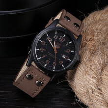 Mens Military Leather Date Quartz Analog Army Casual Wristwatch with Stainless Steel Case and Faux Leather Strap