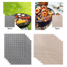 (Beige) 5X BBQ Grill Mesh Non-Stick Mat Reusable Sheet Resistant Cooking Baking Barbecue