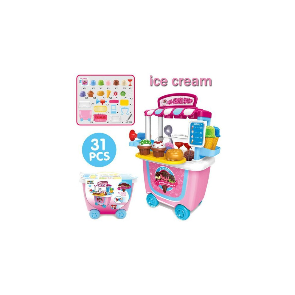 (Ice cream-31pcs set) Cute Kids Simulation Ice Cream Shop Kitchen Cart Pretend Toy Set Role play Gift