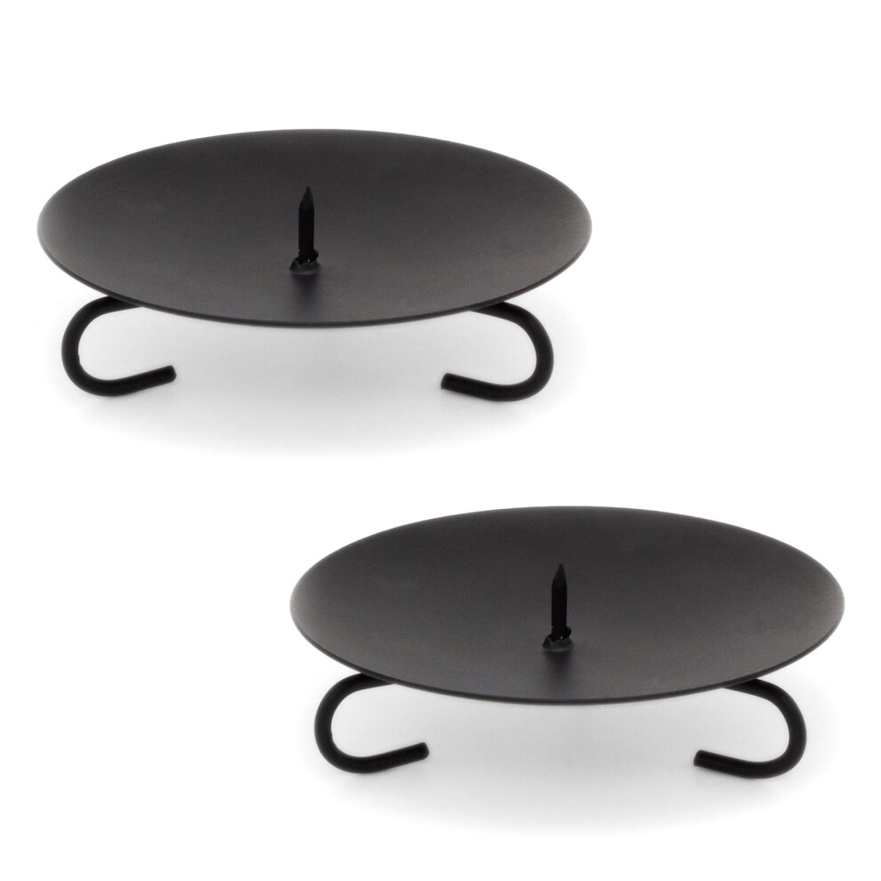 Set Of 2 Traditional Black Metal Candle Holder Candle Plate | Pillar Candle Holder Candle Dish Candlestick | Round Votive Candle Holders