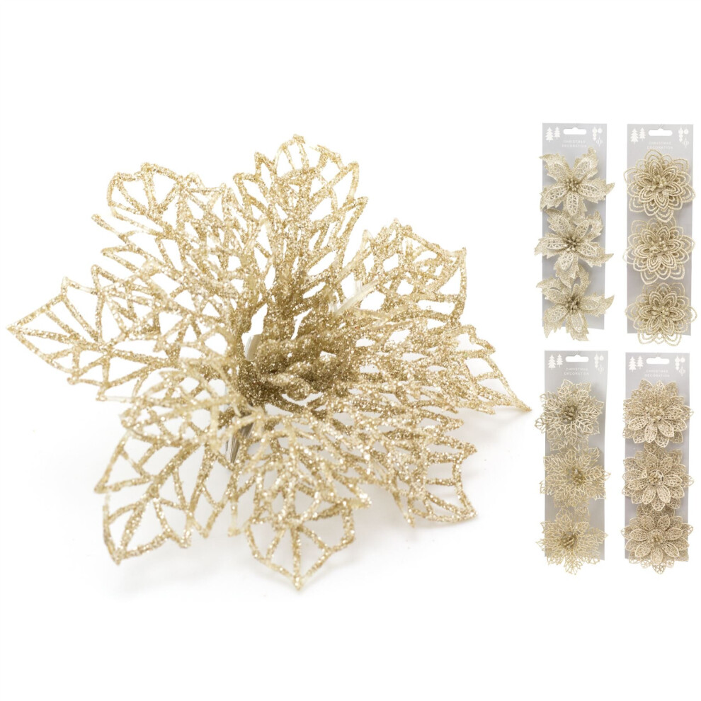 Pack Of 4 Champagne Gold Christmas Tree Flower Decorations | Glitter Poinsettia Christmas Flowers | Wreath Artificial Christmas Flowers Decor