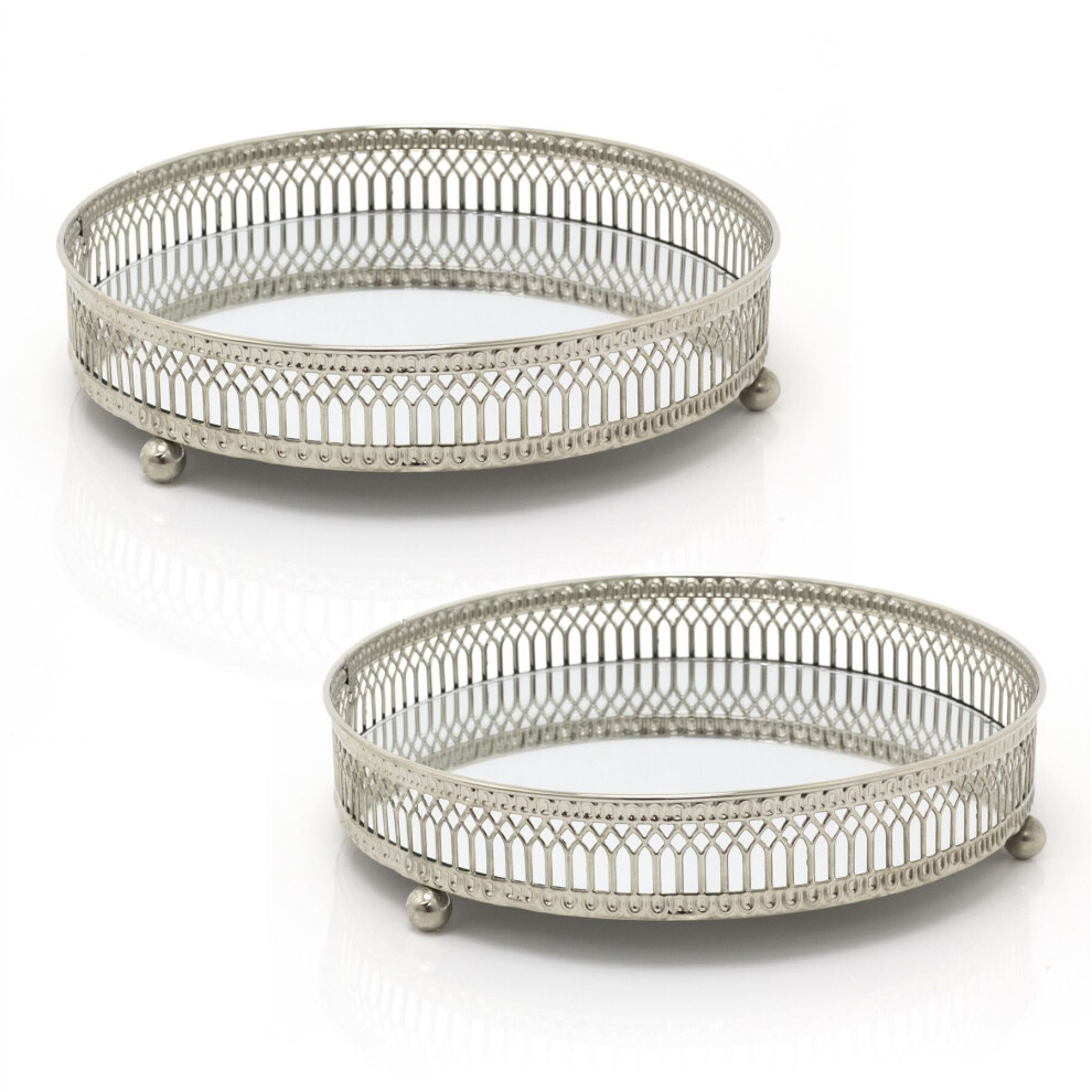 20 cm Set Of 2 Silver Mirror Glass Round Candle Plate Stands | Vanity Tray