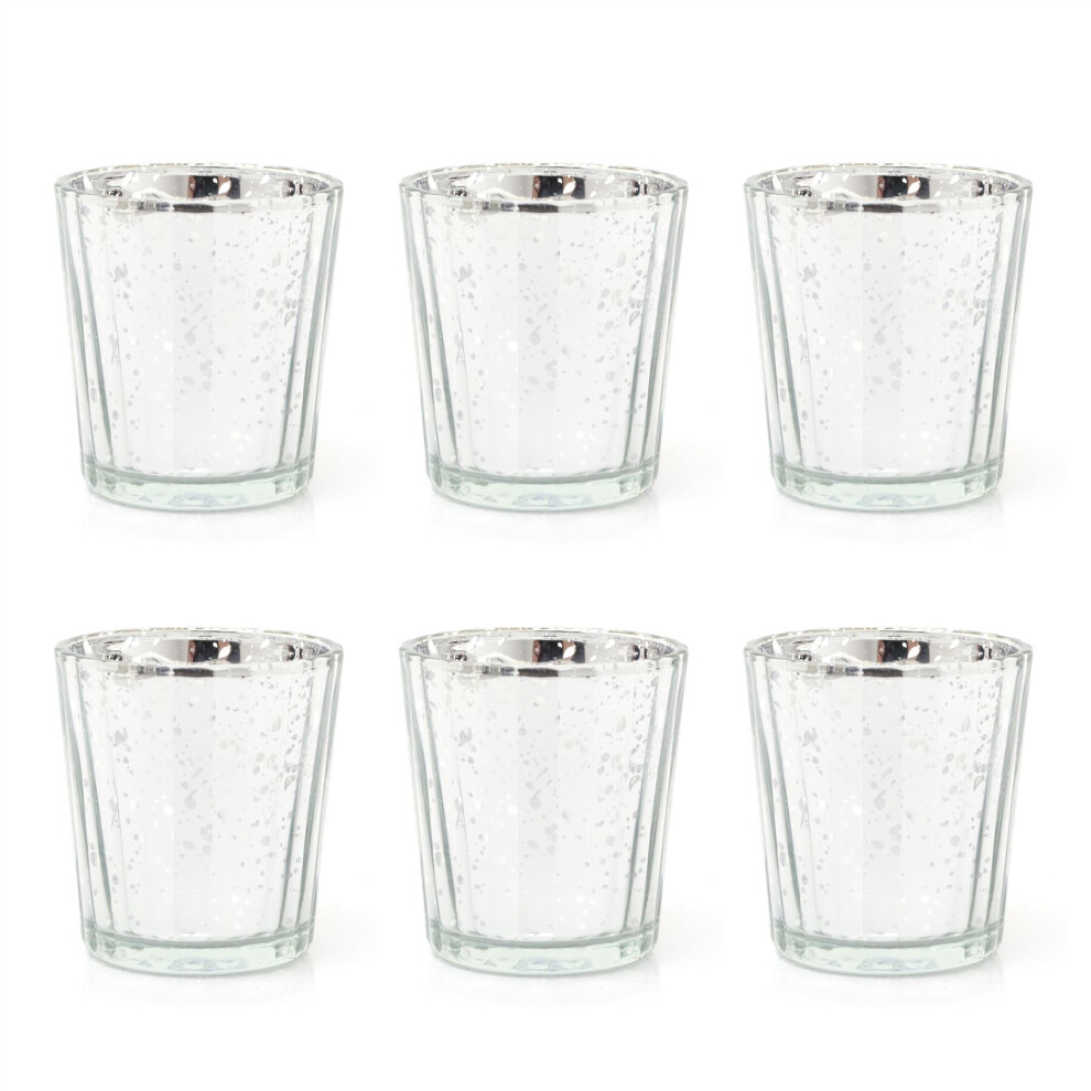 Carousel Pack Of 6 Mercury Effect Glass Tealight Holder | Round Speckled Tealight Holder | Ribbed Glass Votive Candle Holder Candle Pot Silver
